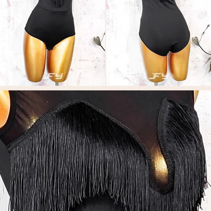Black Open-Back Leotard & Leopard Print Fringe Skirt Latin Dance Costume Set