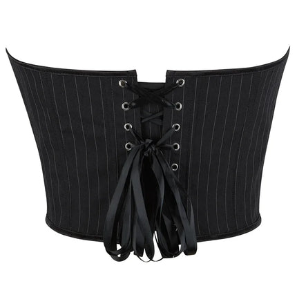 Black Striped Overbust Corset Top Zipper Front Lace-Up Bustier Body Shaper