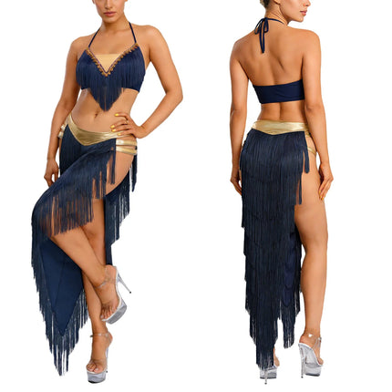 Gold Trim Halter Lace-Up Crop Top & Tiered Tassel Skirt Belly Dance Outfit