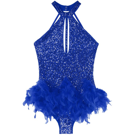 The Stardust Empress Royale – Sequined & Feathered Latin Dance Leotard Dress