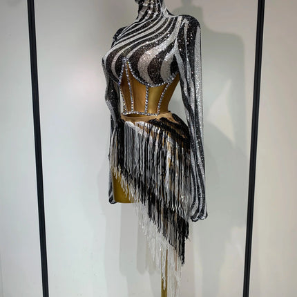 Sequined Long-Sleeve Diamond Top & Asymmetric Fringe Skirt 2-Piece Latin Dance Costume Set