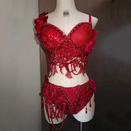 Luxury Red Rhinestones Beads Bikini Set Sexy Nightclub Party Carnival Rave Outfit Model Catwalk Singer Stage Performance Costume