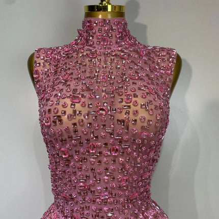 Sparkly Rhinestone Sleeveless Maxi Long Dress See-Through Sheer Mesh Stage Outfit