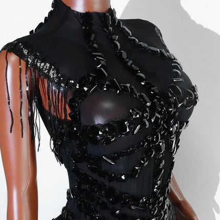 The Stardust Midnight Cabaret Bodysuit – Luxury Rhinestone & Mesh Showgirl Costume