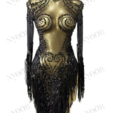 Black Rhinestone Fringe Illusion Mini Dress Sparkly Stage Dance Costume