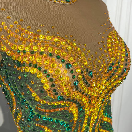 Gold & Emerald Swirl Rhinestone Illusion Maxi Gown Long Sleeve Floor-Length Evening Dress