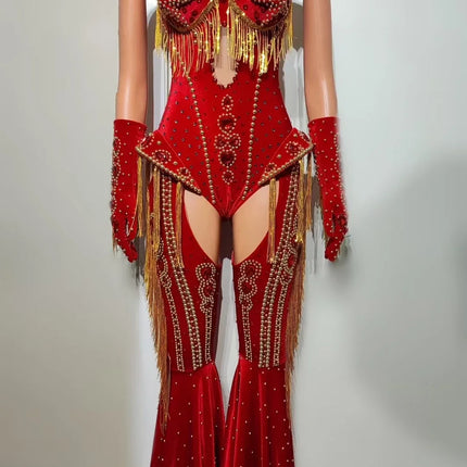 The Stardust Showstopper 4-Piece Rhinestone Ensemble – Luxury Stage Bodysuit & Jumpsuit Set