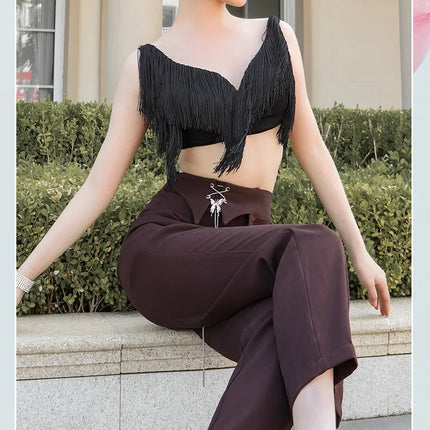 Black Latin Dance Fringe Camisole Top & High-Motion Practice Pants Set