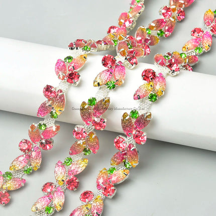 The Stardust Pink Blossom – Glitter Pink Leaf Glass Rhinestone Chain & Trim Applique