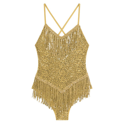 Sequins Fringed Cross Back Latin Dance Leotard Sleeveless V-Neck Bodysuit