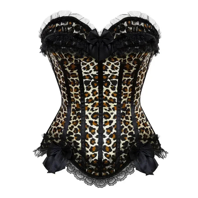 Leopard Satin Overbust Corset Lace Bowknot Clubwear Showgirl Body Shaper