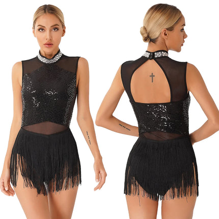 Women Sequins Diamond Latin Jazz Dance Costume Sleeveless Cutout Back Flowy Tassel Dress Leotard Tango Cha-Cha Samba Dancewear
