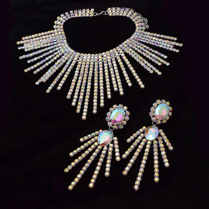 Rhinestone Tassel Necklace & Earring Set