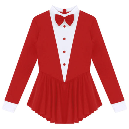 Tuxedo Bowknot Long Sleeve Ruffle Leotard Dress Magician Costume