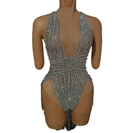 The Stardust Lumina Illusion – Silver Rhinestone & Tassel Performance Bodysuit