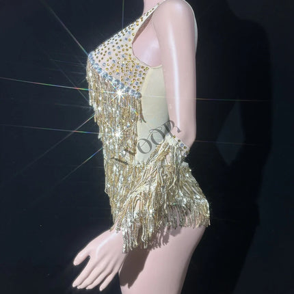 Gold Sparkly Rhinestone, Sequin & Tassel Bodysuit Stage Performance Costume