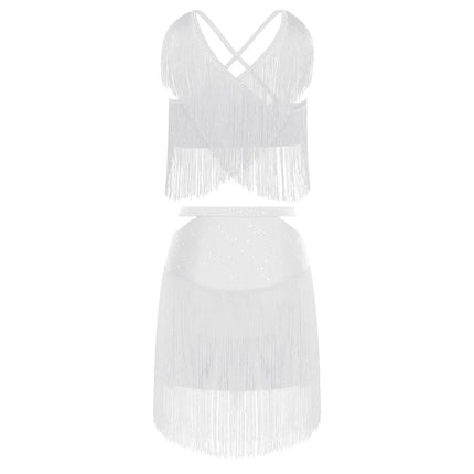Sparkly Rhinestone & Tassel Fringe Two-Piece Latin Tango Dance Outfit Set