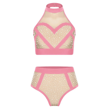 Rhinestone Halter Crop Top & High-Waist Briefs Set Sparkle Two-Piece Dance Set