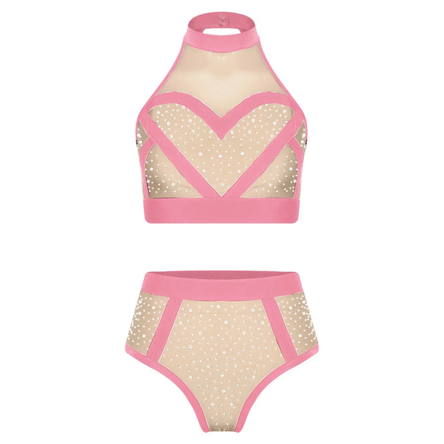 Rhinestone Halter Crop Top & High-Waist Briefs Set Sparkle Two-Piece Dance Set