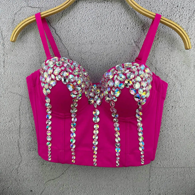AB Rhinestone Crystal Bustier Corset Crop Top Stage Costume Party Bralette