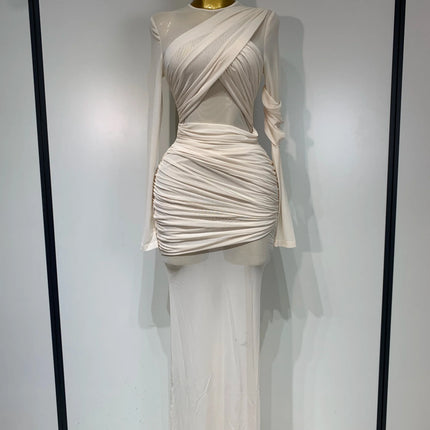 Ruched Mesh Draped Bodycon Maxi Dress Long Sleeve Illusion Evening Gown