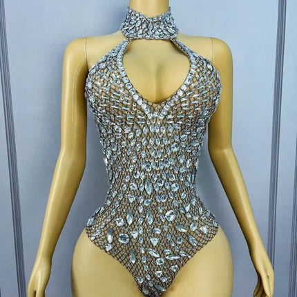 Sparkly Silver Rhinestone Halter Stage Bodysuit Leotard Costume Piece