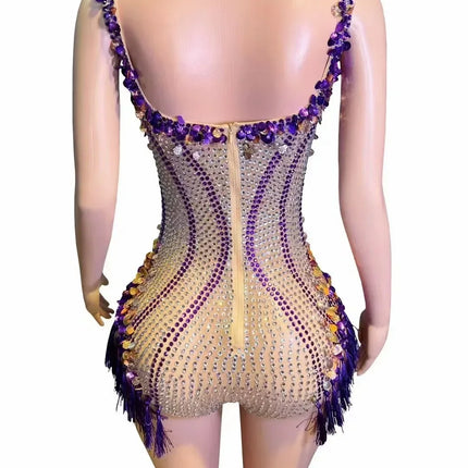 Sparkly Rhinestone & Tassel Fringe Bodysuit Stage Performance Costume