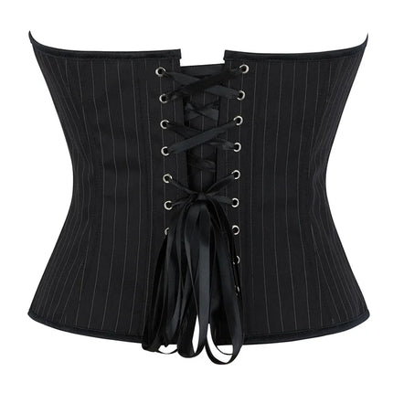 Black Striped Overbust Corset Top Zipper Front Lace-Up Bustier Body Shaper