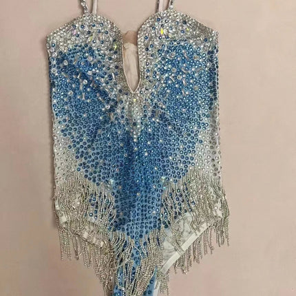 Rhinestone Fringe Bodysuit with Deep V Mesh Insert