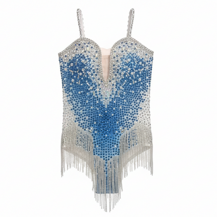 Rhinestone Fringe Bodysuit with Deep V Mesh Insert
