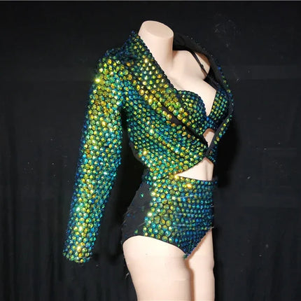 The Stardust Emerald Siren 3-Piece Suit – Luxury Rhinestone Cabaret Ensemble