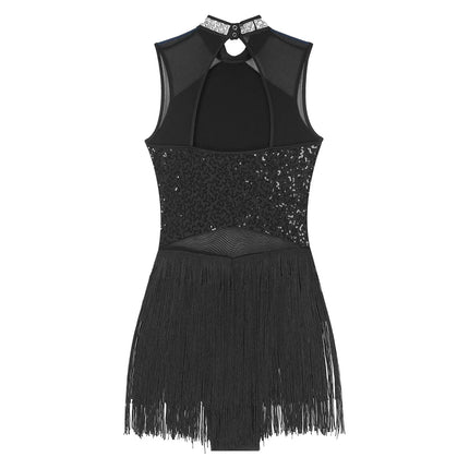 Sparkly Sequin & Fringe Dance Dress with Gloves Latin Stage Performance Costume