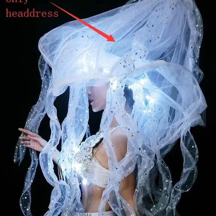 Pearl & Crystal Bustier Bikini Set & LED Illuminated Jellyfish Tentacle Headdress Stage Costume