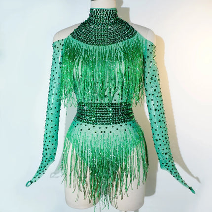 Rhinestone Tassel Mesh Performance Bodysuit