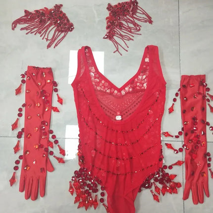 Sexy Nightclub Bar Gogo Dance Costume Red Rhinestones Fringe Mesh Bodysuit Gloves Performance Stage Wear Party Show Rave Outfits
