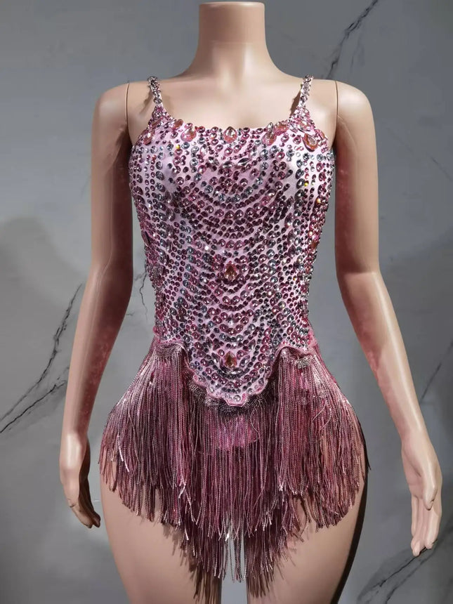 The Stardust Festival Fringe Bodysuit – Luxury Rhinestone Tassel Showgirl Costume