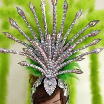 The Stardust Extravaganza Carnival Headdress – Rhinestone & Feather Showgirl Crown