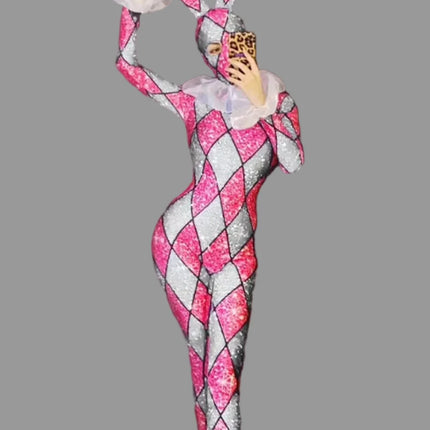 Futuristic Geometric Rhinestone Bunny Bodysuit – Luxury Showgirl Stage Costume & Exotic Festival Leotard with Statement Collar