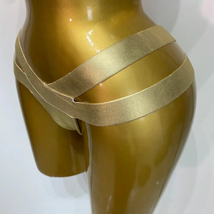 Gold Knitted Halter Bandage Two-Piece Set Stage Performance Costume Outfit