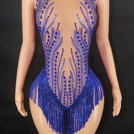 Sparkly Rhinestone, Sequin & Fringe Sleeveless Bodysuit Stage Performance Costume