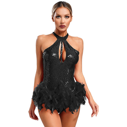 The Stardust Empress Royale – Sequined & Feathered Latin Dance Leotard Dress