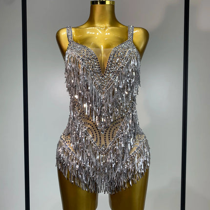 Sparkly Rhinestone Tassel Backless Mesh Bodysuit Luxury Stage Performance Costume