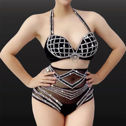 Black Rhinestone Grid Bikini & Feather Wing Headpiece Gogo Stage Costume Set