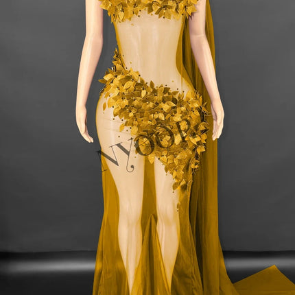 Sheer Rhinestone Applique Evening Gown Long Tail Showgirl Stage Performance Dress