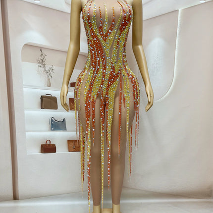 Gold & Amber Beaded Rhinestone Catsuit Illusion Mesh Long-Sleeve Jumpsuit Stage Costume