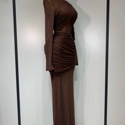 Ruched Mesh Draped Bodycon Maxi Dress Long Sleeve Illusion Evening Gown