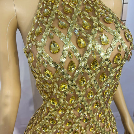 Sparkly Rhinestone Feather Sheer Mesh Evening Gown Stage Fashion Show Outfit