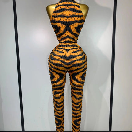 Tiger Print Rhinestone Catsuit Illusion Mesh Long-Sleeve Jumpsuit Stage Performance Costume