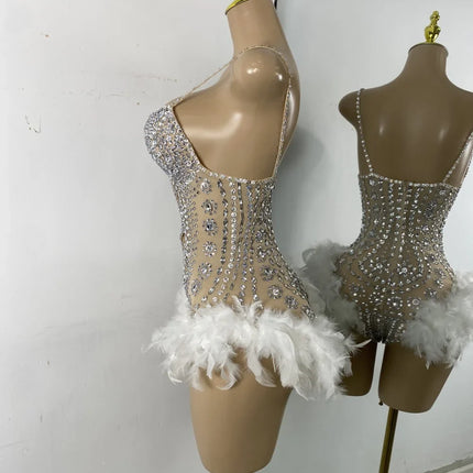 The Stardust Follies Feather Bodysuit – Luxury Rhinestone & Mesh Showgirl Costume