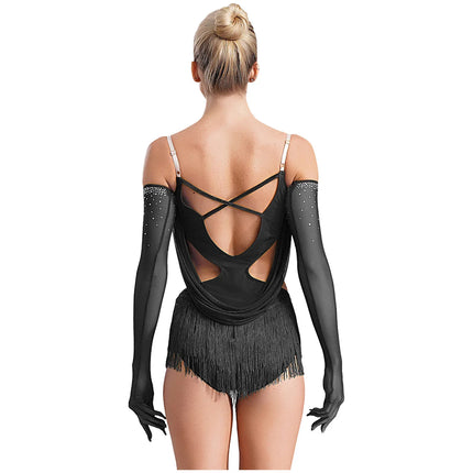 Sparkly Rhinestone & Tassel Fringe Dance Leotard with Gloves Two-Piece Stage Costume